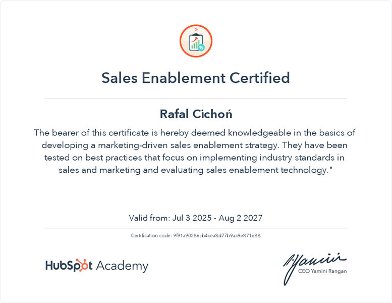 certyfikowany specjalista hubspot Sales Enablement